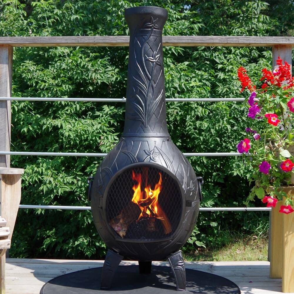 blue rooster orchid chiminea on deck